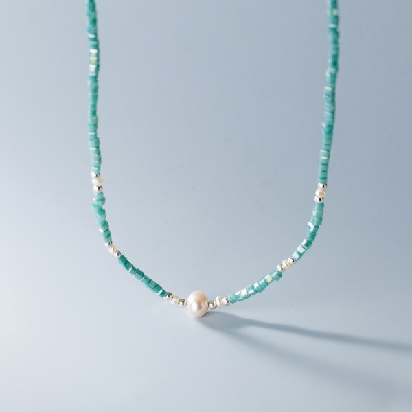 Colier festival look din argint si cristale turcoaz cu perle naturale, bijuterii de vara pentru femei, bilute argint, dama, argint 925, perla naturala,  40+3 cm, 5,10 gr