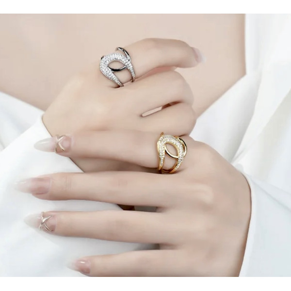 Inel elegant reglabil din argint, dama, argint 925 rodiat/argint 925 placat cu aur, bijuterii elegante din argint pentru femei, lat cu zirconii albe, argintiu/auriu, 5,24 gr