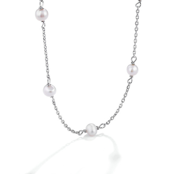 Lantisor argint cu perle de cultura, lant perle naturale, argint 925, bijuterii elegante pentru femei, lantisor minimalist, lantisoare festival 42+5 cm, argintiu, 4,43 gr