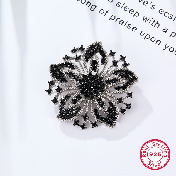 Brosa argint cu pietre negre, martisor de argint, cadou martie mama, martisor educatoare, invatatoare, dama, argint 925 rodiat, argintiu, 7,22 gr