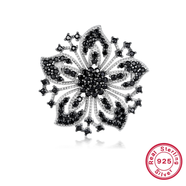 Brosa argint cu pietre negre, martisor de argint, cadou martie mama, martisor educatoare, invatatoare, dama, argint 925 rodiat, argintiu, 7,22 gr