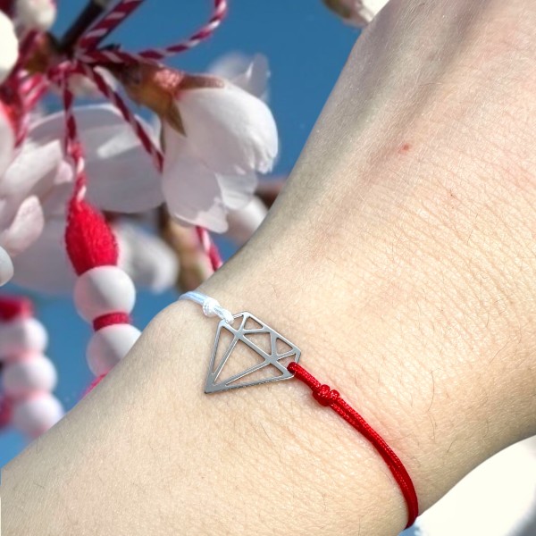 Martisor de argint tip bratara din argint cu snur reglabil, dama/copil, argint 925/ argint 925 placat cu aur, snur matase, pandantiv diamant sau pandantiv ingeras, argintiu/auriu