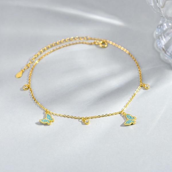 Bratara de picior din argint cu fluturasi, dama, pentru glezna femei, model finut de vara, cristale shiny si fluture turcoaz, argint 925 rodiat/argint 925 placat cu aur galben, 21 + 5 cm, 2,01 gr