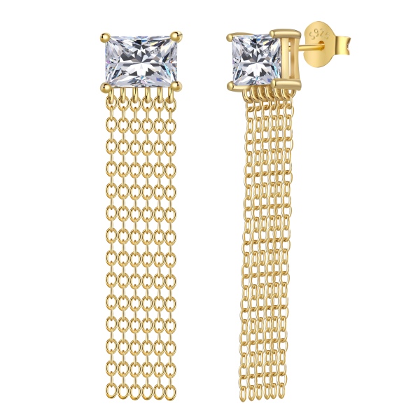 Cercei lungi din argint placati cu aur si cristal alb, cercei lungi din argint placat, bijuterii placate de ocazie, cercei lungi eleganti, argint 925, 8*37 mm, 2,10 gr