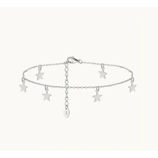 Bratara de picior din argint pentru femei, model finut si stralucitor pentru glezna, stelute, argint 925 rodiat/argint 925 placat cu aur, star, 21 + 5 cm, argintiu/auriu, 1,63 gr