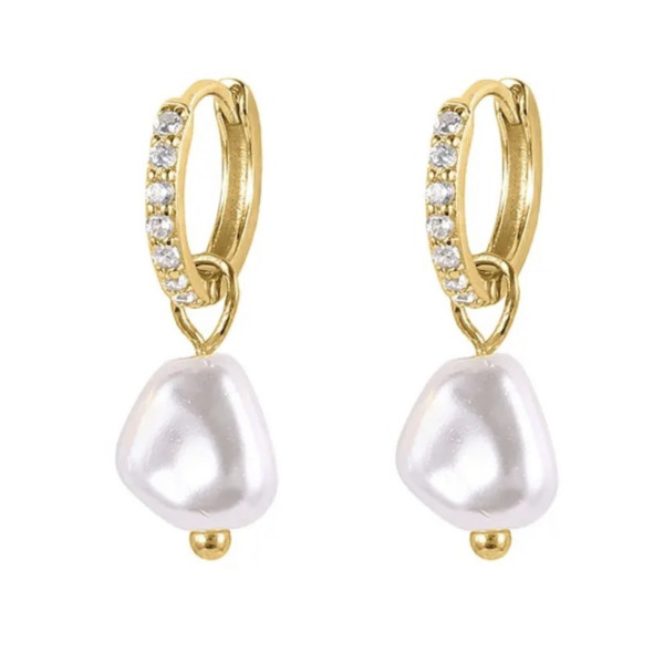 Cercei din argint shiny hoops cu perla, baroc pearl, dama, argint 925 placat cu aur, perla  6-8 mm si cristale, prindere tortite 10 mm, 1,22 gr
