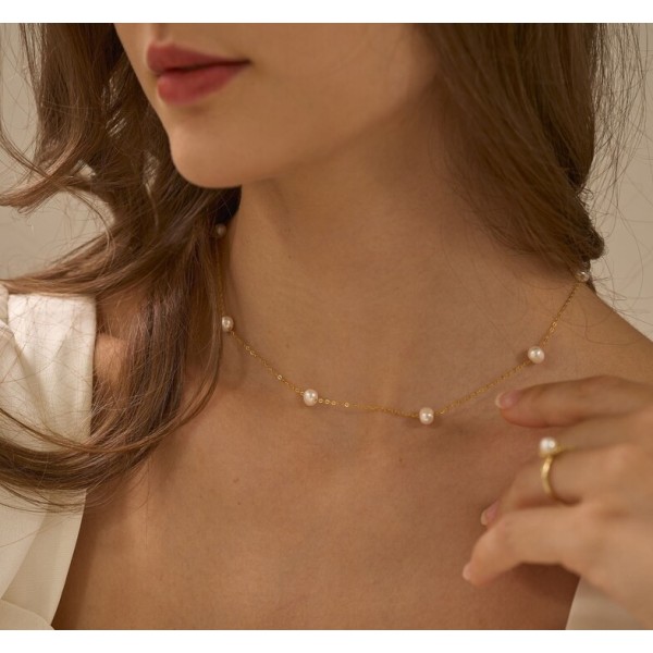 Lantisor finut cu perle naturale, argint 925, bijuterii elegante pentru femei, lant perle naturale, minimalist, summer festival 35+9 cm, argintiu/auriu, 3,20 gr Lantisor finut cu perle naturale, argint 925, bijuterii elegante pentru femei, lant perle naturale, minimalist, summer festival 35+9 cm, argintiu/auriu, 3,20 gr