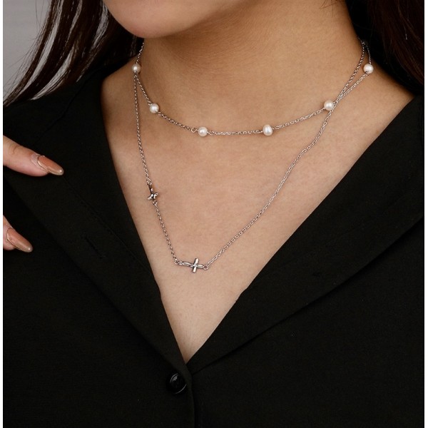 Lantisor argint cu perle de cultura, lant perle naturale, argint 925, bijuterii elegante pentru femei, lantisor minimalist, lantisoare festival 42+5 cm, argintiu, 4,43 gr