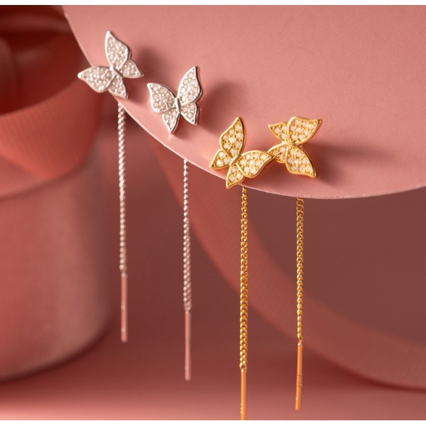 Cercei lungi argint cu lantisor si fluture, cercei lantisor, dama, argint 925 placat cu aur/ argint 925, auriu,argintiu, 5 cm, 1,36 gr