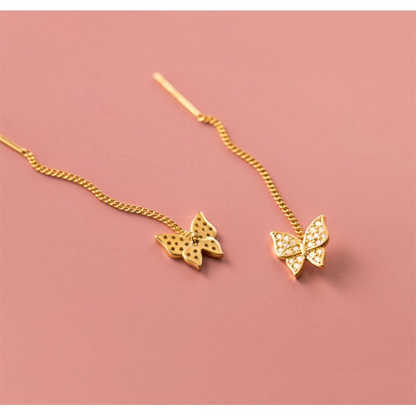 Cercei lungi argint cu lantisor si fluture, cercei lantisor, dama, argint 925 placat cu aur/ argint 925, auriu,argintiu, 5 cm, 1,36 gr