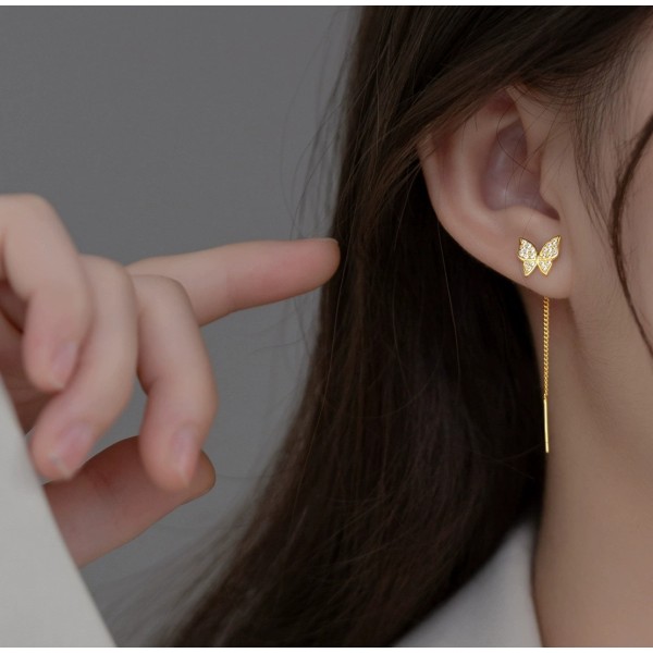 Cercei lungi argint cu lantisor si fluture, cercei lantisor, dama, argint 925 placat cu aur/ argint 925, auriu,argintiu, 5 cm, 1,36 gr