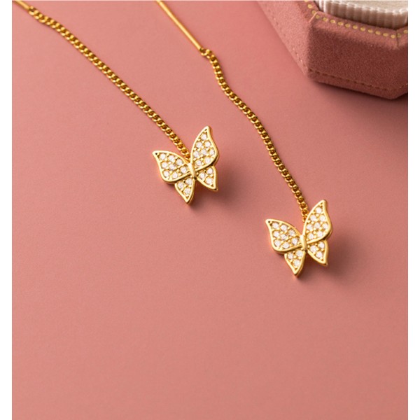 Cercei lungi argint cu lantisor si fluture, cercei lantisor, dama, argint 925 placat cu aur/ argint 925, auriu,argintiu, 5 cm, 1,36 gr