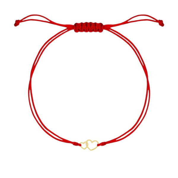 Martisor de argint tip bratara din argint cu snur reglabil, dama/copil, argint/ argint placat cu aur, snur alb rosu, 2 inimi conectate, cadou martie, argintiu/auriu