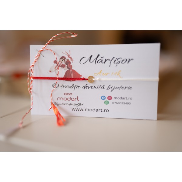 Martisor aur ghiocel tip bratara din aur 14 k cu snur reglabil, dama/copil, aur 14k, snur matase, mini figurina banut 0,6 cm cu ghiocel decupat, aur galben