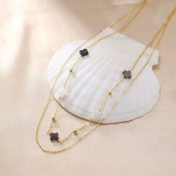 Colier Dublu Trifoi din Argint Placat cu Aur sau Argint Rodiat cu Trifoi din Sidef Natural Mother of Pearl – Lănțișor Trifoi Elegant cu Biluțe pentru Femei, 3,19 gr
