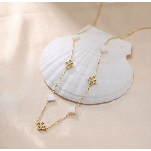 Lănțișor Van Luxy White Gold cu Trifoi și Sidef Natural Mother of Pearl din Argint Placat cu Aur sau Argint Rodiat – Colier Elegant din argint, 3,15 gr