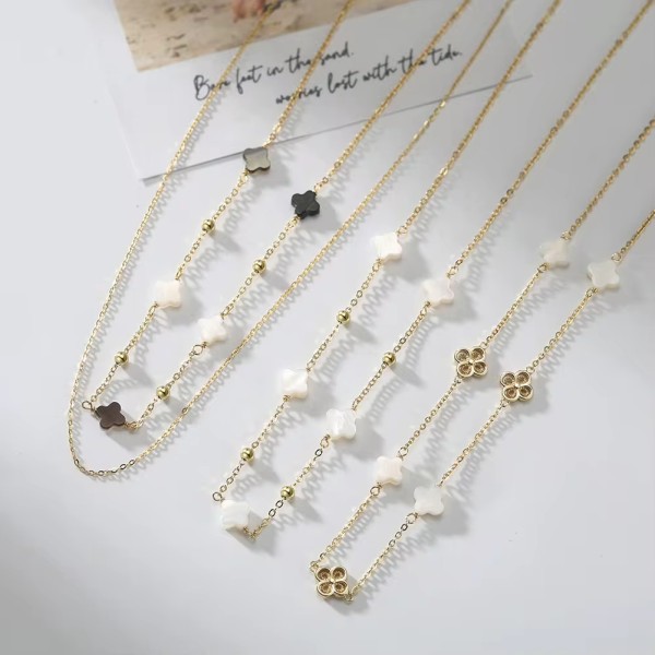 Lănțișor Van Luxy White Gold cu Trifoi din Sidef Natural și Biluțe din Argint – Argint Placat cu Aur sau Argint Rodiat | Mother of Pearl, 2,83 gr