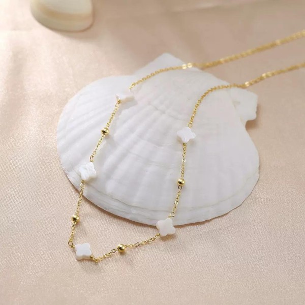 Lănțișor Van Luxy White Gold cu Trifoi din Sidef Natural și Biluțe din Argint – Argint Placat cu Aur sau Argint Rodiat | Mother of Pearl, 2,83 gr