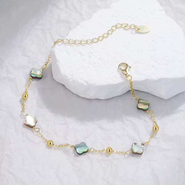 Brățară trifoi verde Van Luxy cu Trifoi din Sidef Natural Abalone Shell și Biluțe din Argint – Argint Placat cu Aur sau Argint Rodiat, argintiu/auriu, 2,02 gr