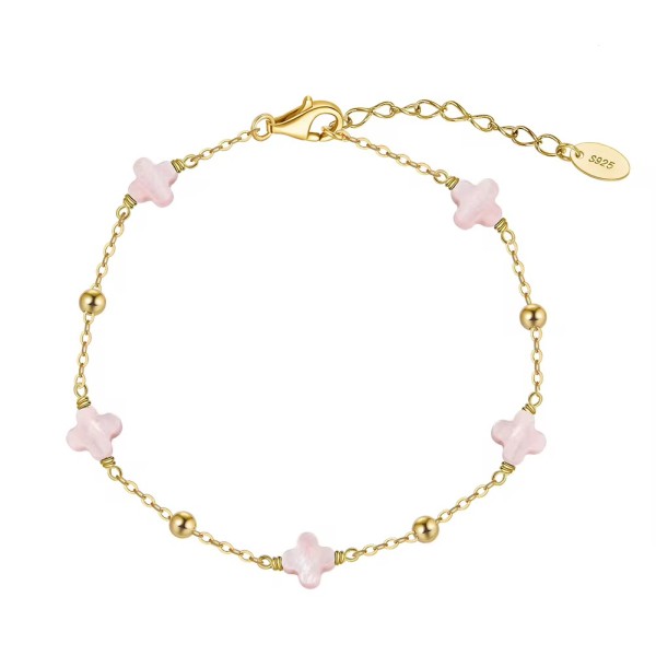 Brățară trifoi roz Van Luxy cu Trifoi din Sidef Natural Pink Shell și Biluțe din Argint – Argint Placat cu Aur sau Argint Rodiat, argintiu/auriu, 2,02 gr