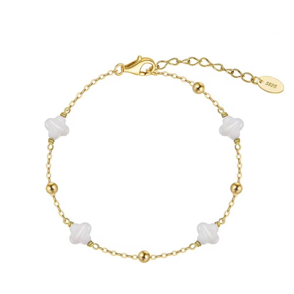 Brățară Van Luxy cu Trifoi din Sidef Natural și Biluțe din Argint – Argint Placat cu Aur sau Argint Rodiat | Mother of Pearl, argintiu/auriu, 2,02 gr