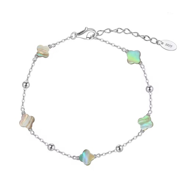 Brățară trifoi verde Van Luxy cu Trifoi din Sidef Natural Abalone Shell și Biluțe din Argint – Argint Placat cu Aur sau Argint Rodiat, argintiu/auriu, 2,02 gr