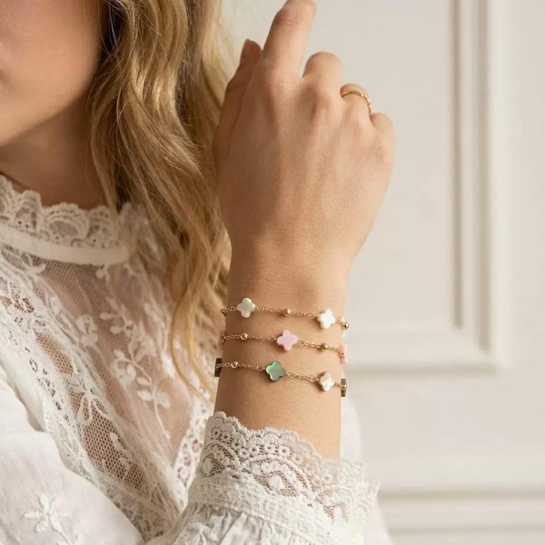 Brățară Van Luxy cu Trifoi din Sidef Natural și Biluțe din Argint – Argint Placat cu Aur sau Argint Rodiat | Mother of Pearl, argintiu/auriu, 2,02 gr