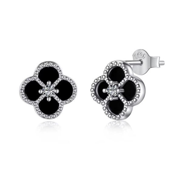 Cercei trifoi argint 925,  cercei trifoi negru, cercei Black Clover, cercei mici, cercei trifoi agata neagra, cercei cadou femei, argintiu/auriu,  1,18 gr