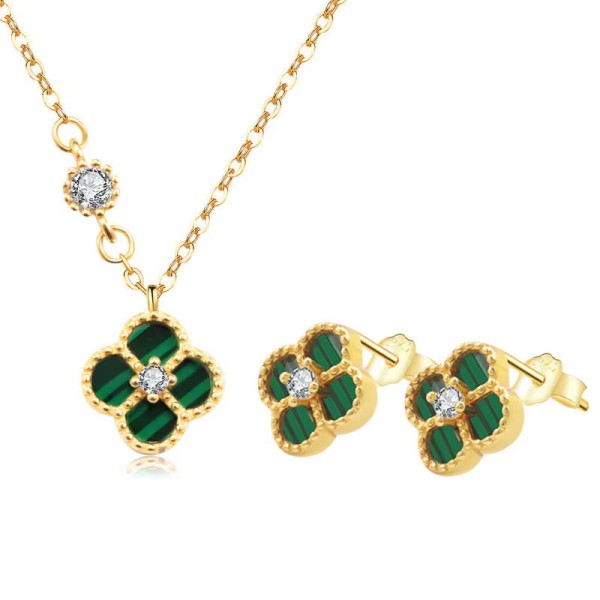 Cercei Trifoi Verde Malachit Argint 925, cercei Green Clover cu Trifoi Verde Malachit – Argint Rodiat sau Placat cu Aur, argintiu/auriu, 1,18 gr