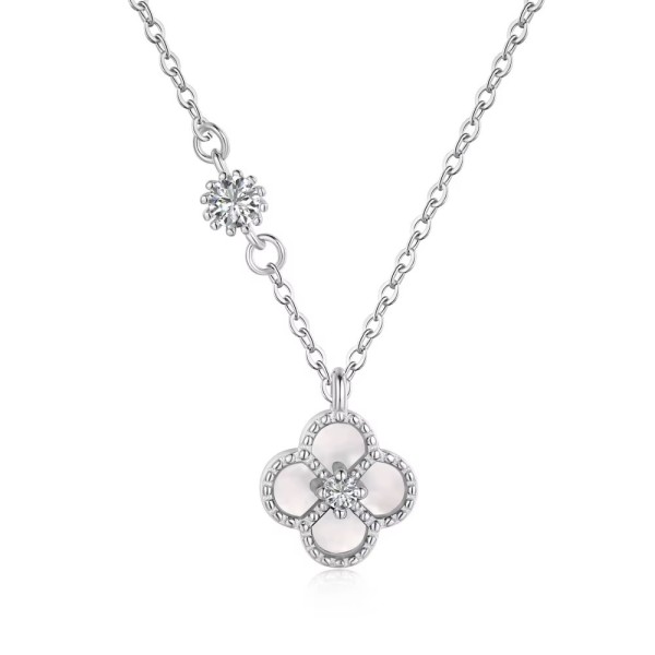 Lănțișor Argint cu Trifoi din Sidef Natural Mother of Pearl și Zirconiu – Van Luxy White, lănțișor cu Trifoi Mother of Pearl din Argint, argintiu/auriu, 1,95 gr