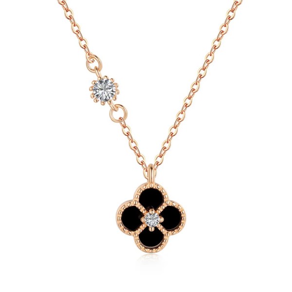 Lănțișor Argint cu Trifoi Negru și Zirconiu, lant Black Clover, 40+6 cm., rodiat sau placat cu aur galben, ideal cadou, argintiu/auriu, 1,95 gr