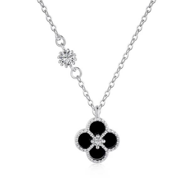 Lănțișor Argint cu Trifoi Negru și Zirconiu, lant Black Clover, 40+6 cm., rodiat sau placat cu aur galben, ideal cadou, argintiu/auriu, 1,95 gr