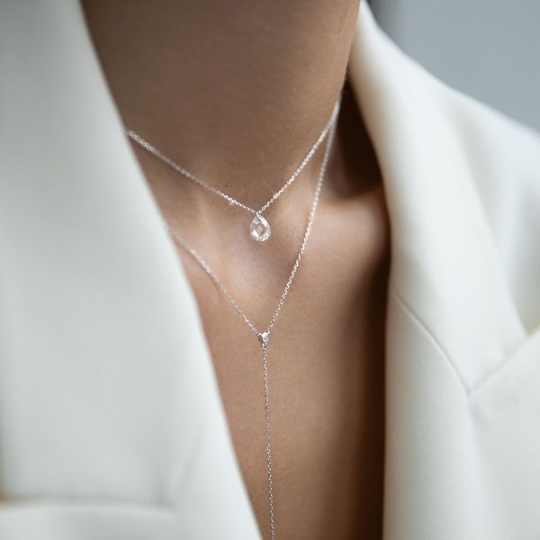 Lănțișor din argint rodiat cu cristal fațetat lacrimă, lantisor water drop, 40+5 cm – colier fin cu pandantiv picătură, argintiu, 1,88 gr
