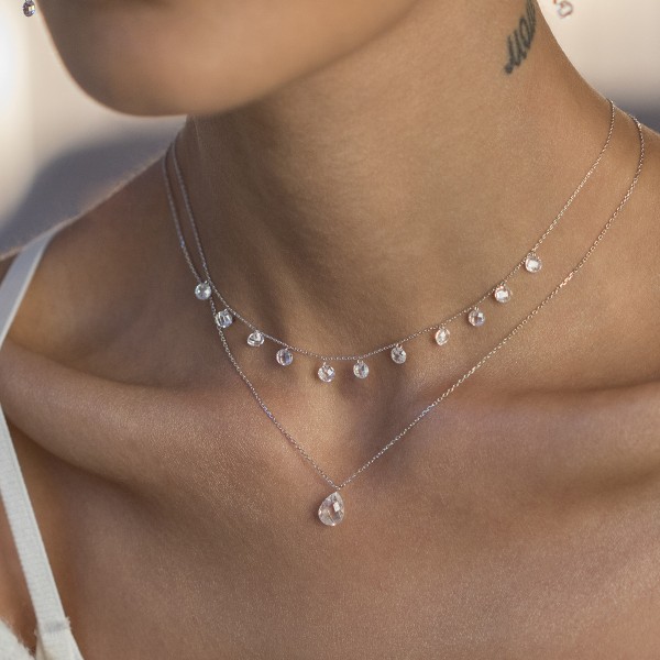 Lănțișor din argint rodiat cu cristal fațetat lacrimă, lantisor water drop, 40+5 cm – colier fin cu pandantiv picătură, argintiu, 1,88 gr
