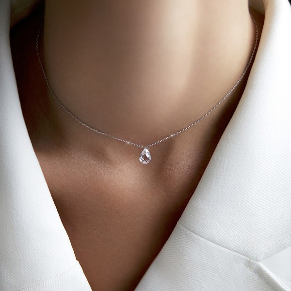 Lănțișor din argint rodiat cu cristal fațetat lacrimă, lantisor water drop, 40+5 cm – colier fin cu pandantiv picătură, argintiu, 1,88 gr