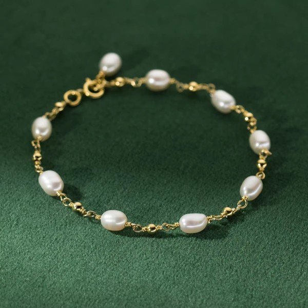 Brățară cu Perle de Cultură 4 mm, Argint Aurit, bratara elegantă pentru purtare zilnică sau cadou, lungime 16–17 cm, 2,66 g