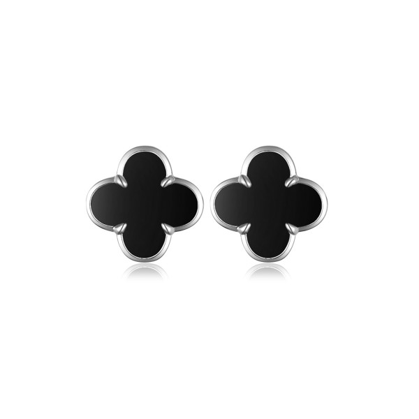 Cercei Trifoi Premium din Argint Rodiat cu Agată Neagră Naturală, cercei flower clover din argint rodiat, 1,4 cm, 3,42 gr