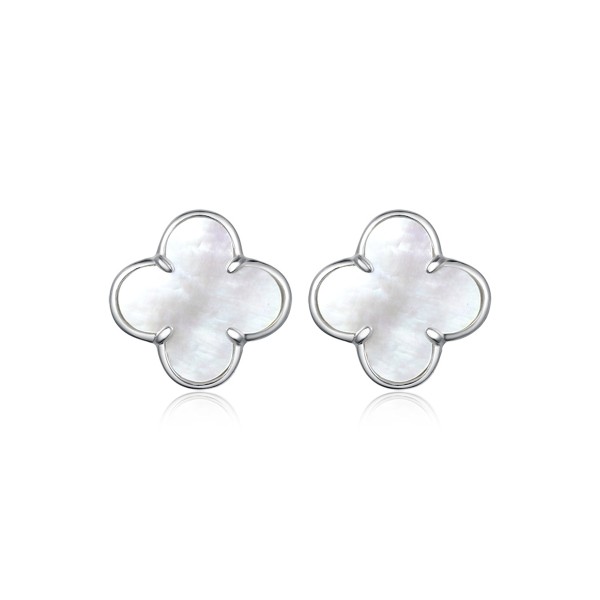 Cercei Trifoi din Argint Rodiat cu Sidef Natural Mother of Pearl, cercei flower clover alb din argint rodiat, bijuterii sidef, 1,4 cm, 3,42 gr