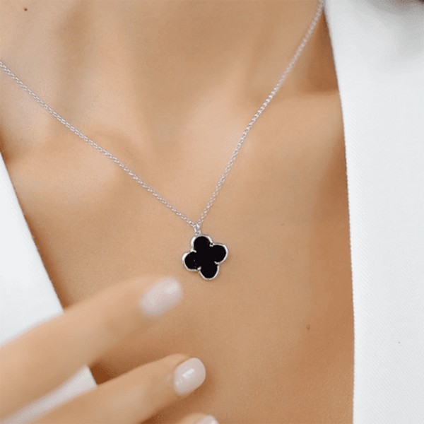 Colier din Argint cu Pandantiv Trifoi și Agată Neagră Naturală, lănțișor Trifoi Premium din Argint Rodiat, Flower Clover Black, 40+5 cm, 3, 46 gr