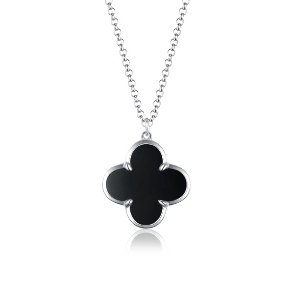 Colier din Argint cu Pandantiv Trifoi și Agată Neagră Naturală, lănțișor Trifoi Premium din Argint Rodiat, Flower Clover Black, 40+5 cm, 3, 46 gr