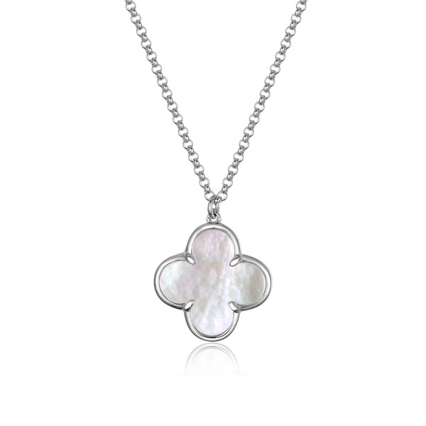 Colier din Argint cu Pandantiv Trifoi și Sidef Natural Mother of Pearl, Lănțișor Trifoi Premium din Argint Rodiat White Clover Flower, 40+5 cm, 3, 46 gr