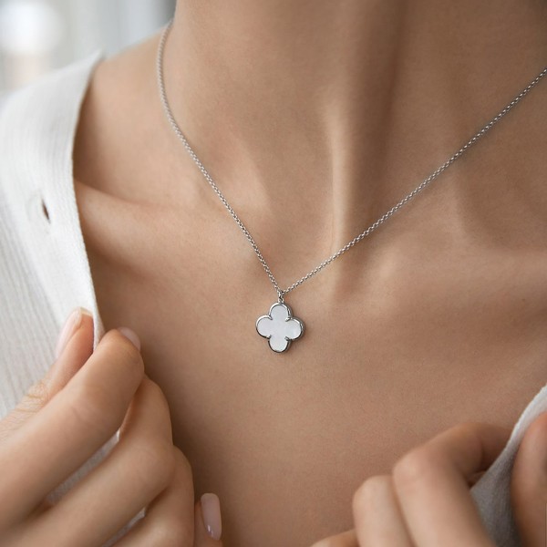 Colier din Argint cu Pandantiv Trifoi și Sidef Natural Mother of Pearl, Lănțișor Trifoi Premium din Argint Rodiat White Clover Flower, 40+5 cm, 3, 46 gr