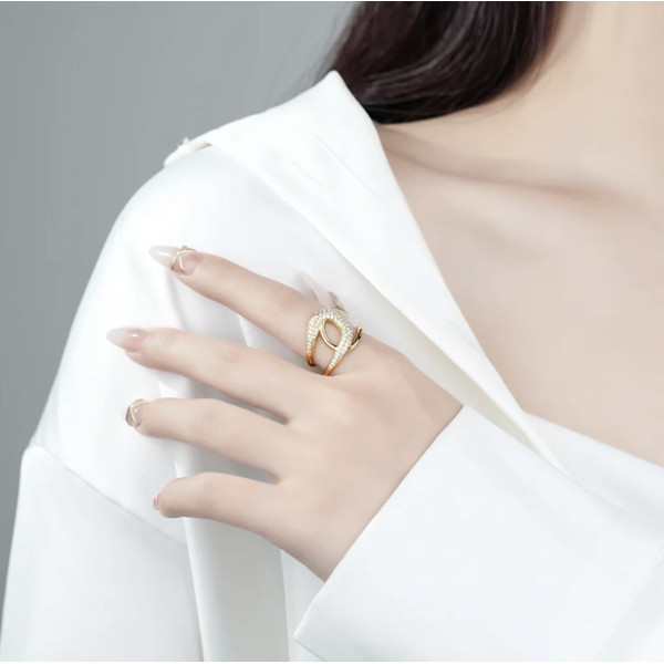 Inel elegant reglabil din argint, dama, argint 925 rodiat/argint 925 placat cu aur, bijuterii elegante din argint pentru femei, lat cu zirconii albe, argintiu/auriu, 5,24 gr