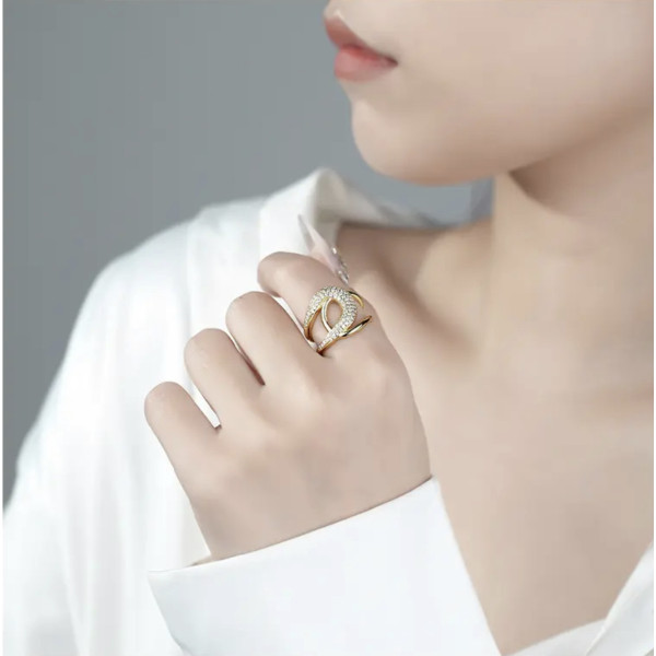 Inel elegant reglabil din argint, dama, argint 925 rodiat/argint 925 placat cu aur, bijuterii elegante din argint pentru femei, lat cu zirconii albe, argintiu/auriu, 5,24 gr