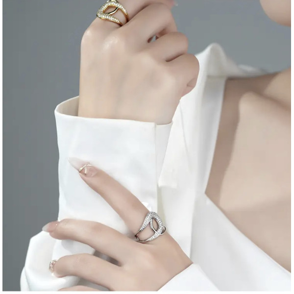 Inel elegant reglabil din argint, dama, argint 925 rodiat/argint 925 placat cu aur, bijuterii elegante din argint pentru femei, lat cu zirconii albe, argintiu/auriu, 5,24 gr