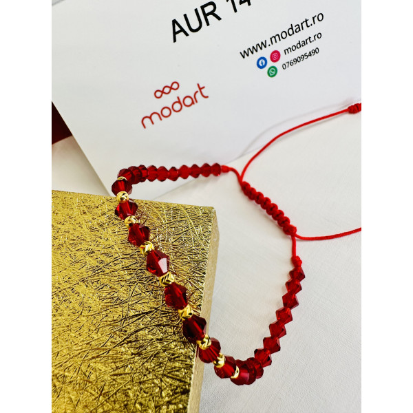 Bratara cu 10 bile din aur 14k si cristale de sticla fatetate biconice diverse culori, dama/barbat, aur 14k, snur reglabil de matase