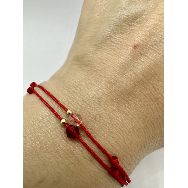 Martisor de aur tip bratara cu bila din aur 14 k cu snur reglabil, dama/copil, aur 14k, snur matase, biluta de aur 14k si cristal rosu/roz, aur galben