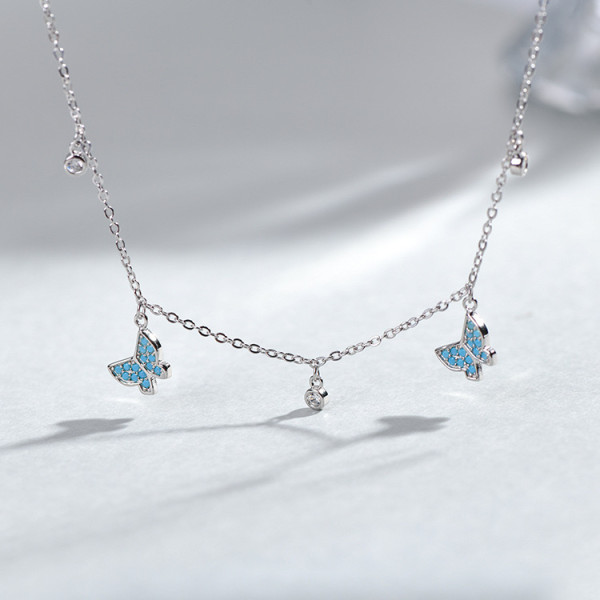 Bratara de picior din argint cu fluturasi, dama, pentru glezna femei, model finut de vara, cristale shiny si fluture turcoaz, argint 925 rodiat/argint 925 placat cu aur galben, 21 + 5 cm, 2,01 gr