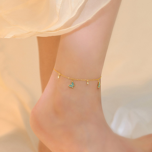 Bratara de picior din argint cu fluturasi, dama, pentru glezna femei, model finut de vara, cristale shiny si fluture turcoaz, argint 925 rodiat/argint 925 placat cu aur galben, 21 + 5 cm, 2,01 gr