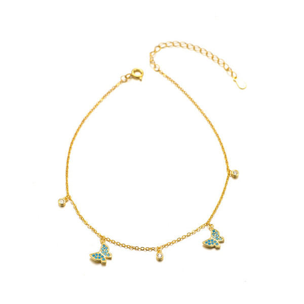 Bratara de picior din argint cu fluturasi, dama, pentru glezna femei, model finut de vara, cristale shiny si fluture turcoaz, argint 925 rodiat/argint 925 placat cu aur galben, 21 + 5 cm, 2,01 gr